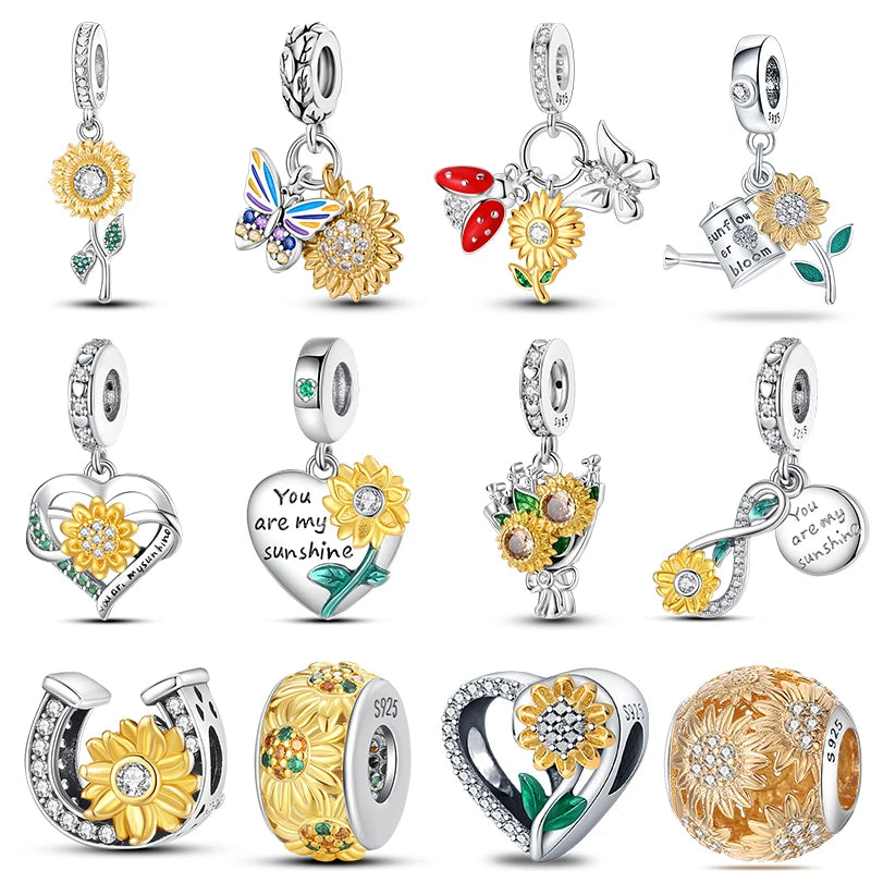Golden Sunflowers Heart Charms Beads 925 Sterling Silver ﻿Original Bracelets Luxury Party DIY Jewelry 912349723-100S