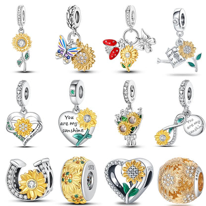 Golden Sunflowers Heart Charms Beads 925 Sterling Silver ﻿Original Bracelets Luxury Party DIY Jewelry 912349723-100S