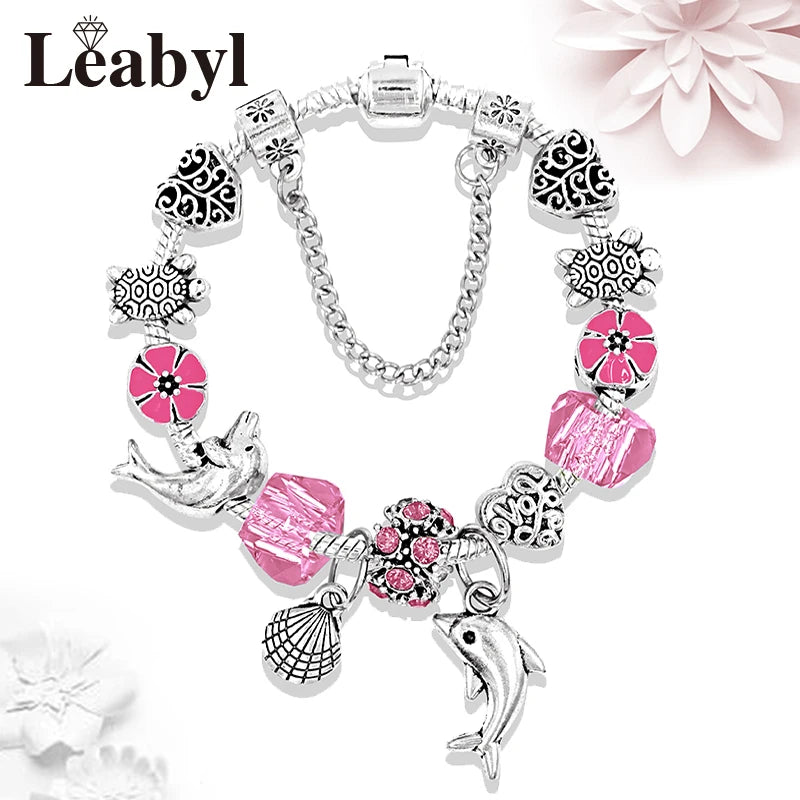 Classic Design Dolphin Charm Bracelets & Bangles for Women Jewelry Gift Blue Murano Crystal Glass Diy Bead Bracelets 1102936551-B