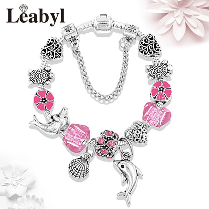 Classic Design Dolphin Charm Bracelets & Bangles for Women Jewelry Gift Blue Murano Crystal Glass Diy Bead Bracelets 1102936551-B