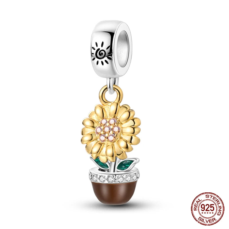 Golden Sunflowers Heart Charms Beads 925 Sterling Silver ﻿Original Bracelets Luxury Party DIY Jewelry 912349723-100S