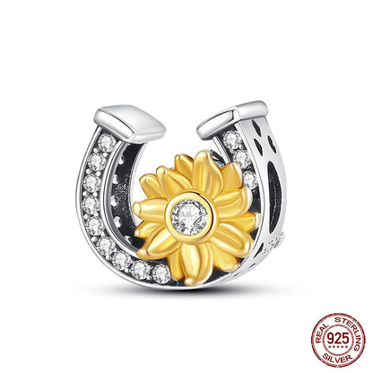 Golden Sunflowers Heart Charms Beads 925 Sterling Silver ﻿Original Bracelets Luxury Party DIY Jewelry 912349723-100S