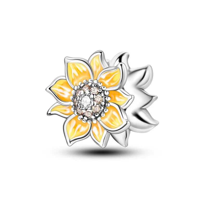 Golden Sunflowers Heart Charms Beads 925 Sterling Silver ﻿Original Bracelets Luxury Party DIY Jewelry 912349723-100S