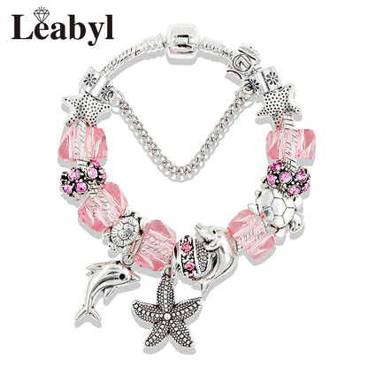 Classic Design Dolphin Charm Bracelets & Bangles for Women Jewelry Gift Blue Murano Crystal Glass Diy Bead Bracelets 1102936551-B