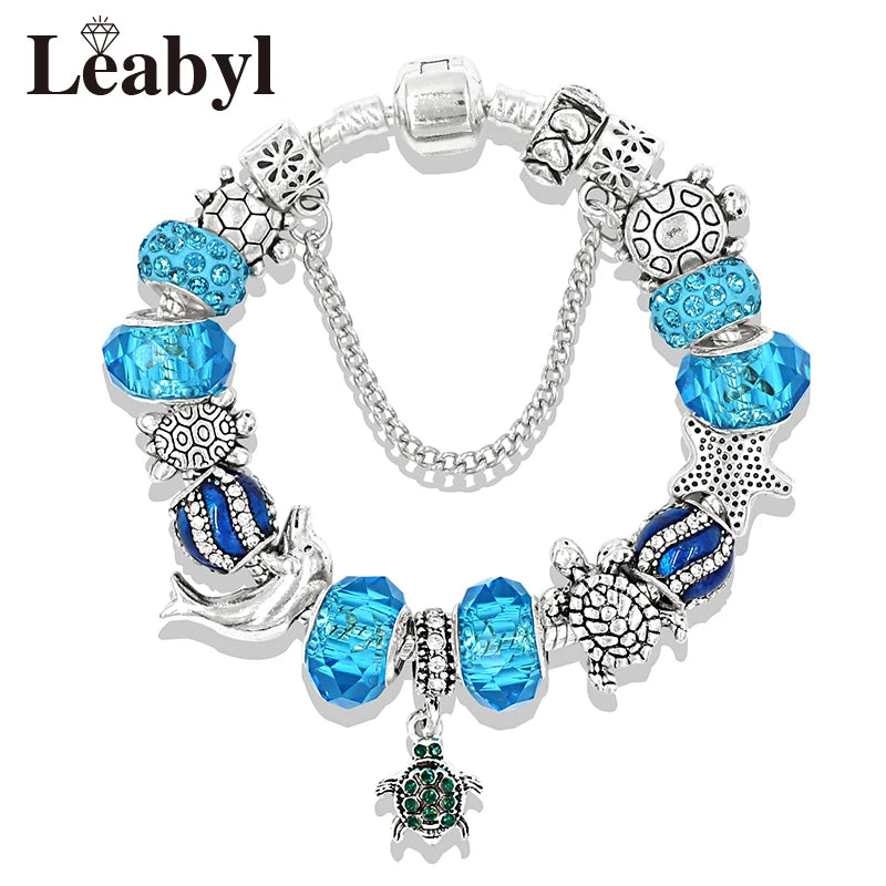Classic Design Dolphin Charm Bracelets & Bangles for Women Jewelry Gift Blue Murano Crystal Glass Diy Bead Bracelets 1102936551-B