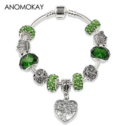 Retro Silver Tree of Life Charm Bracelet Green Crystal Flower Bead  DIY Jewelry 1102936551-B