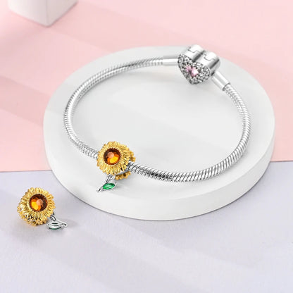 Golden Sunflowers Heart Charms Beads 925 Sterling Silver ﻿Original Bracelets Luxury Party DIY Jewelry 912349723-100S