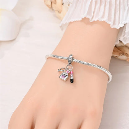 Fashion Pink Princess Skirt Bag Lipstick Charms Beads Original Bracelet Fine DIY Jewelry 925 Sterling Silver 912349723-900S