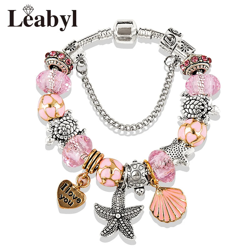 Classic Design Dolphin Charm Bracelets & Bangles for Women Jewelry Gift Blue Murano Crystal Glass Diy Bead Bracelets 1102936551-B