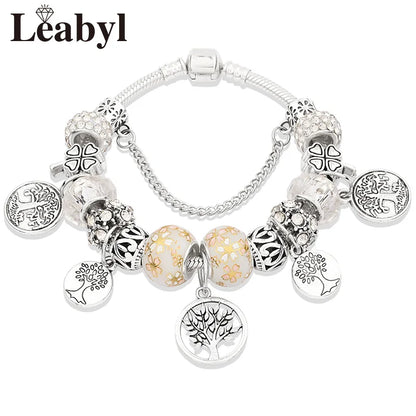 Retro Silver Tree of Life Charm Bracelet Green Crystal Flower Bead  DIY Jewelry 1102936551-B