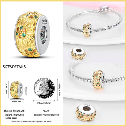 Golden Sunflowers Heart Charms Beads 925 Sterling Silver ﻿Original Bracelets Luxury Party DIY Jewelry 912349723-100S