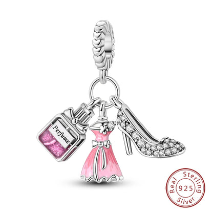 Fashion Pink Princess Skirt Bag Lipstick Charms Beads Original Bracelet Fine DIY Jewelry 925 Sterling Silver 912349723-900S