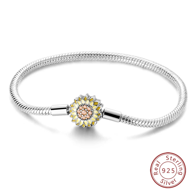 Original 925 Sterling Silver Snake Chain Heart-Shaped  Bracelets Fit Pandora Charms Beads  DIY Jewelry 912349723-KJB084