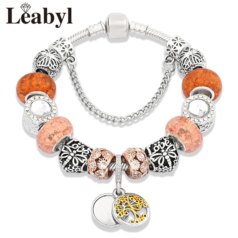 Retro Silver Tree of Life Charm Bracelet Green Crystal Flower Bead  DIY Jewelry 1102936551-B