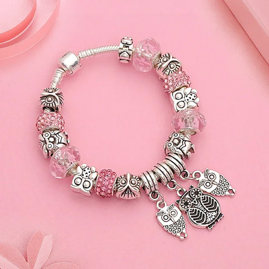Silver Color Owl Charm Pendant Bracelet DIY Pink Crystal Bead Bracelet Vintage Animal Jewelry Bangle for Child Gift 1102936551-B
