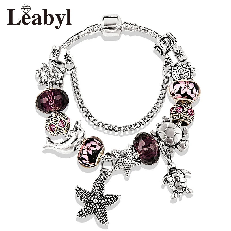 Classic Design Dolphin Charm Bracelets & Bangles for Women Jewelry Gift Blue Murano Crystal Glass Diy Bead Bracelets 1102936551-B