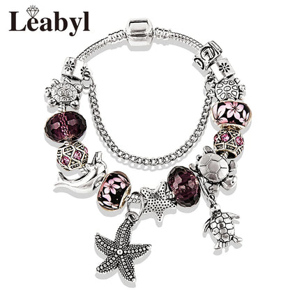 Classic Design Dolphin Charm Bracelets & Bangles for Women Jewelry Gift Blue Murano Crystal Glass Diy Bead Bracelets 1102936551-B