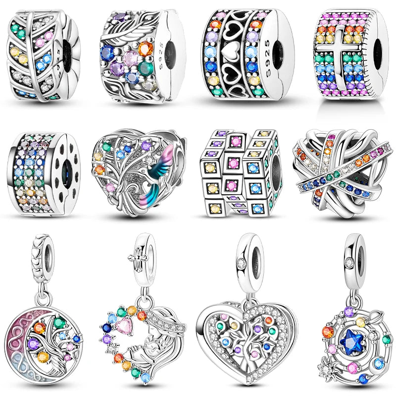Shining Colorful Heart Charms Beads  Original 925Silver Bracelet Exquisite DIY Jewelry Gift 912349723-300S