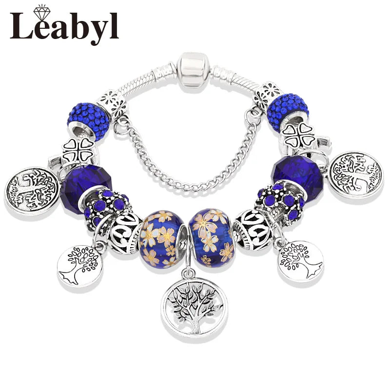 Retro Silver Tree of Life Charm Bracelet Green Crystal Flower Bead  DIY Jewelry 1102936551-B