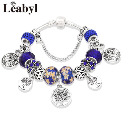 Retro Silver Tree of Life Charm Bracelet Green Crystal Flower Bead  DIY Jewelry 1102936551-B