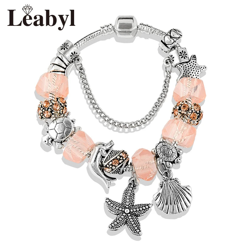 Classic Design Dolphin Charm Bracelets & Bangles for Women Jewelry Gift Blue Murano Crystal Glass Diy Bead Bracelets 1102936551-B