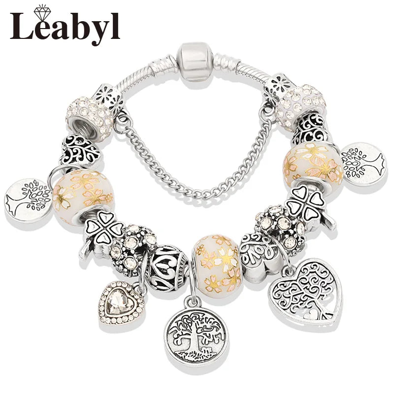 Retro Silver Tree of Life Charm Bracelet Green Crystal Flower Bead  DIY Jewelry 1102936551-B