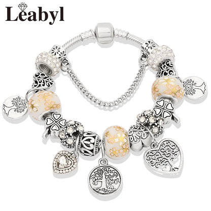 Retro Silver Tree of Life Charm Bracelet Green Crystal Flower Bead  DIY Jewelry 1102936551-B