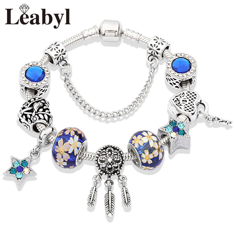Retro Silver Tree of Life Charm Bracelet Green Crystal Flower Bead  DIY Jewelry 1102936551-B