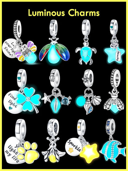Glow in the dark  Firefly Honeybee Star  925 Silver Charms Beads  Original Bracelets Fine DIY Jewelry 912349723-200S