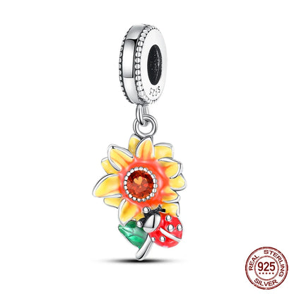 Golden Sunflowers Heart Charms Beads 925 Sterling Silver ﻿Original Bracelets Luxury Party DIY Jewelry 912349723-100S