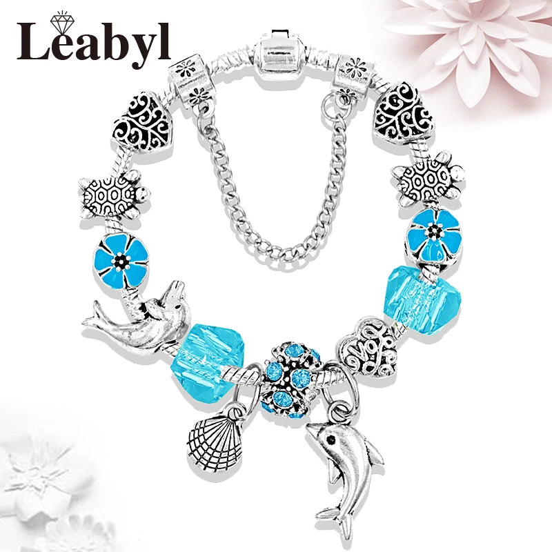 Classic Design Dolphin Charm Bracelets & Bangles for Women Jewelry Gift Blue Murano Crystal Glass Diy Bead Bracelets 1102936551-B