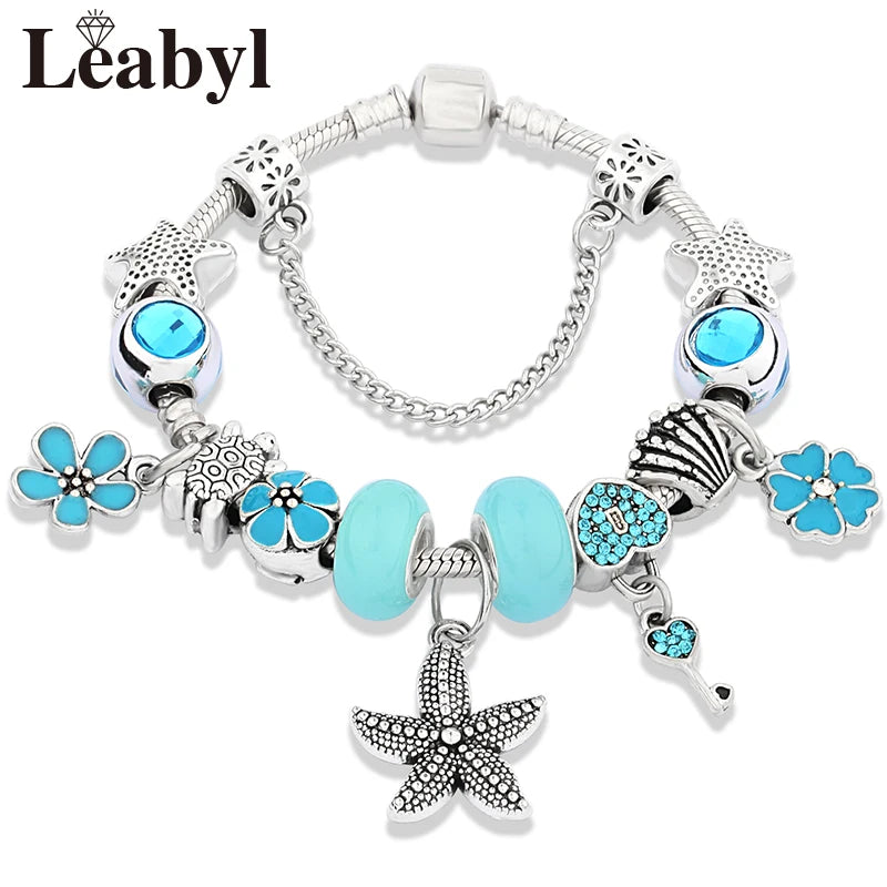 Classic Design Dolphin Charm Bracelets & Bangles for Women Jewelry Gift Blue Murano Crystal Glass Diy Bead Bracelets 1102936551-B