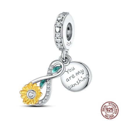 Golden Sunflowers Heart Charms Beads 925 Sterling Silver ﻿Original Bracelets Luxury Party DIY Jewelry 912349723-100S