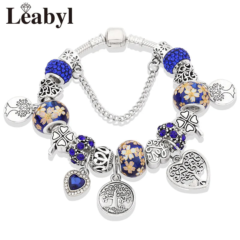 Retro Silver Tree of Life Charm Bracelet Green Crystal Flower Bead  DIY Jewelry 1102936551-B