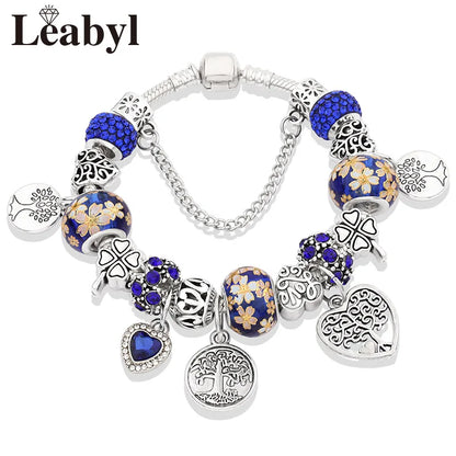 Retro Silver Tree of Life Charm Bracelet Green Crystal Flower Bead  DIY Jewelry 1102936551-B