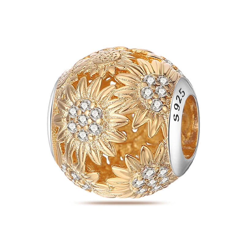 Golden Sunflowers Heart Charms Beads 925 Sterling Silver ﻿Original Bracelets Luxury Party DIY Jewelry 912349723-100S