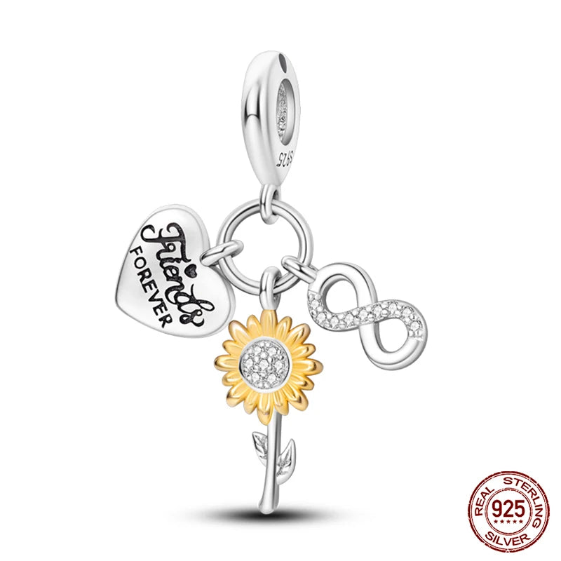 Golden Sunflowers Heart Charms Beads 925 Sterling Silver ﻿Original Bracelets Luxury Party DIY Jewelry 912349723-100S