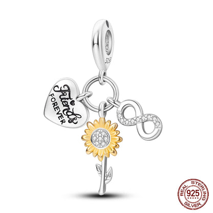 Golden Sunflowers Heart Charms Beads 925 Sterling Silver ﻿Original Bracelets Luxury Party DIY Jewelry 912349723-100S