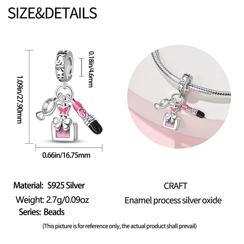 Fashion Pink Princess Skirt Bag Lipstick Charms Beads Original Bracelet Fine DIY Jewelry 925 Sterling Silver 912349723-900S