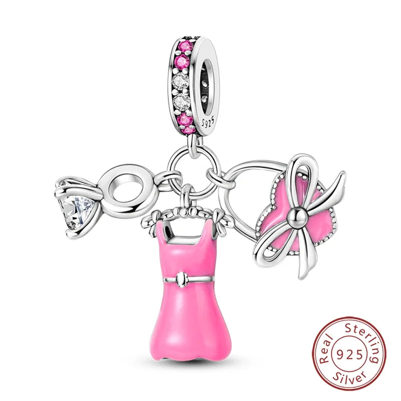 Fashion Pink Princess Skirt Bag Lipstick Charms Beads Original Bracelet Fine DIY Jewelry 925 Sterling Silver 912349723-900S