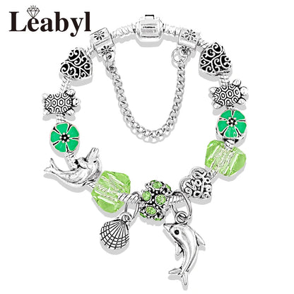 Classic Design Dolphin Charm Bracelets & Bangles for Women Jewelry Gift Blue Murano Crystal Glass Diy Bead Bracelets 1102936551-B