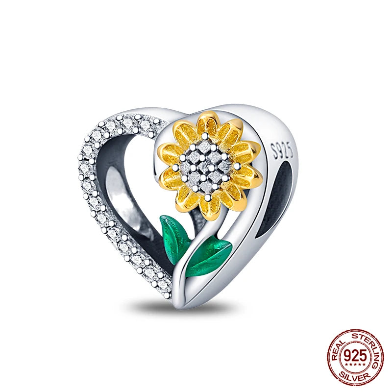 Golden Sunflowers Heart Charms Beads 925 Sterling Silver ﻿Original Bracelets Luxury Party DIY Jewelry 912349723-100S