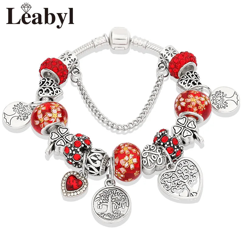 Retro Silver Tree of Life Charm Bracelet Green Crystal Flower Bead  DIY Jewelry 1102936551-B
