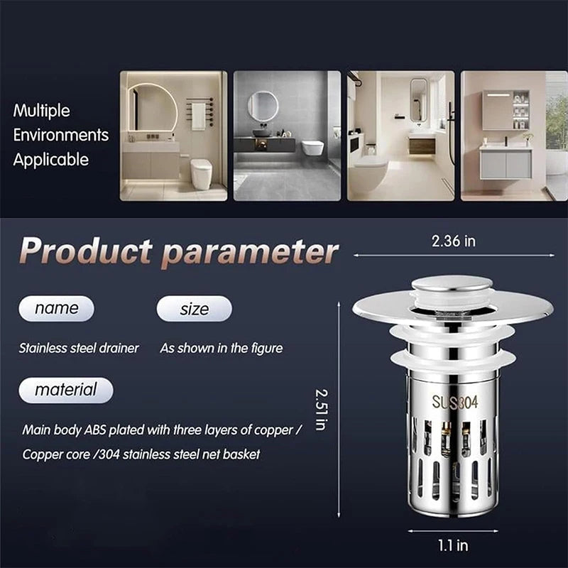 Tapón de drenaje para lavabo de baño, tapón de fregadero universal 2 en 1, emergente con filtro de acero inoxidable extraíble antiobstrucciones, tapón de drenaje para el cabello, tapón antiolor 
