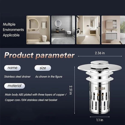 Tapón de drenaje para lavabo de baño, tapón de fregadero universal 2 en 1, emergente con filtro de acero inoxidable extraíble antiobstrucciones, tapón de drenaje para el cabello, tapón antiolor 