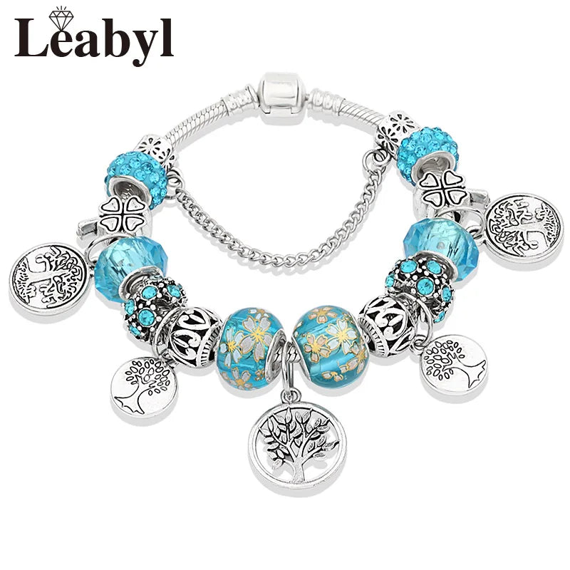 Retro Silver Tree of Life Charm Bracelet Green Crystal Flower Bead  DIY Jewelry 1102936551-B