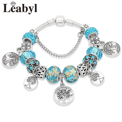 Retro Silver Tree of Life Charm Bracelet Green Crystal Flower Bead  DIY Jewelry 1102936551-B