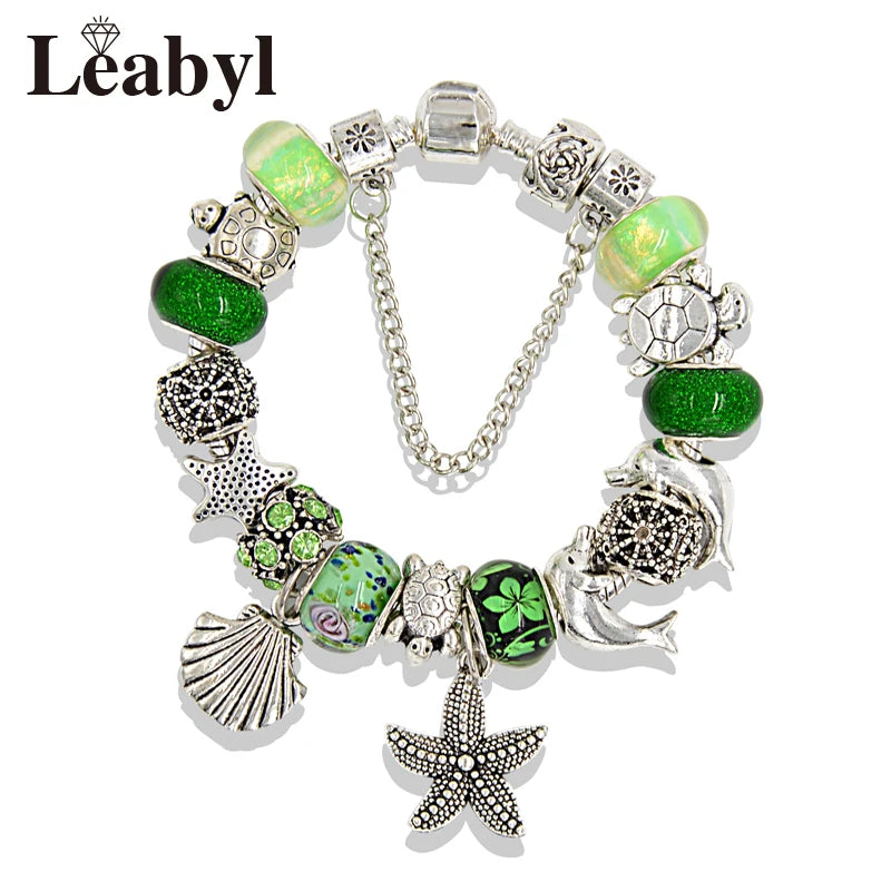 Classic Design Dolphin Charm Bracelets & Bangles for Women Jewelry Gift Blue Murano Crystal Glass Diy Bead Bracelets 1102936551-B