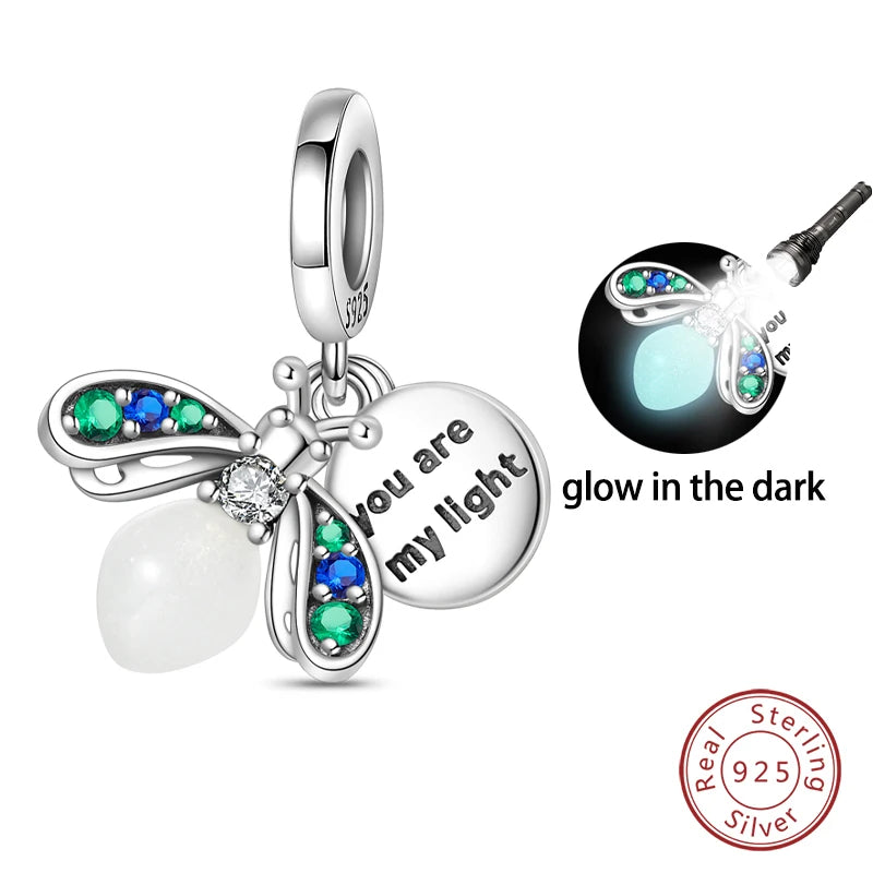Glow in the dark  Firefly Honeybee Star  925 Silver Charms Beads  Original Bracelets Fine DIY Jewelry 912349723-200S