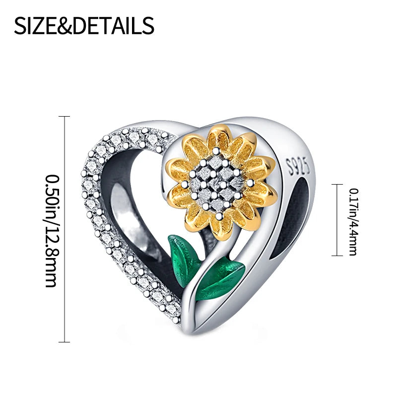 Golden Sunflowers Heart Charms Beads 925 Sterling Silver ﻿Original Bracelets Luxury Party DIY Jewelry 912349723-100S
